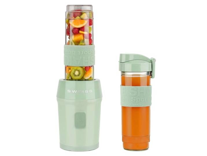 SWEISS Mini-Mixer, Tragbarer Smoothie-Mixer MOOV7, 2 Trinkflaschen à 570 ml mit Reiseverschluss, 4 Edelstahlklingen, 300 W, Spülmaschinengeeignet, Grün