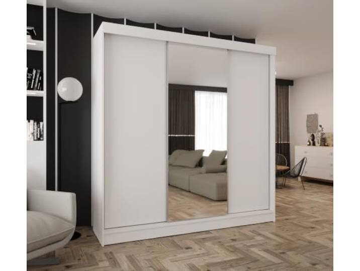 Kleiderschrank mit Spiegel und Schiebetüren Weiß 160x205 cm 2 Kleiderstangen, 2 Schubladen, MDF Platte, Inklusive Montageset, Mit Einlegeböden, Viel Stauraum, Praktische Aufteilung