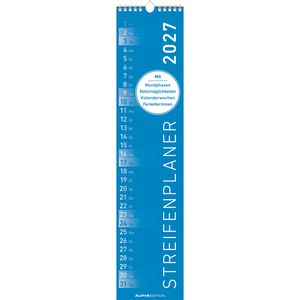 Alpha Streifenkalender 111700, Streifenplaner, blau, mit Ferienübersicht, 11,3 x 49,5 cm, Jahr 2027