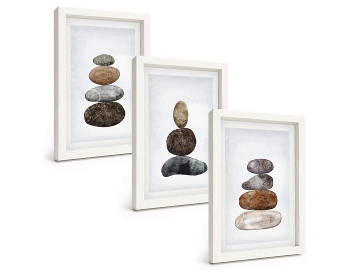Tulup Bilder SET 3er Set - 20x30 cm Weißer Rahmen - Minimalistische Boho-Steine, Kunststoff, Rechteckig, 20x30 cm, gerahmt, Bilder & Rahmen, Bilder