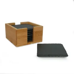 Intirilife 11-teiliges Untersetzer Set aus Schieferstein in Schwarz mit Bambushalterung und Kreidestiften zum Beschriften mit Kreide