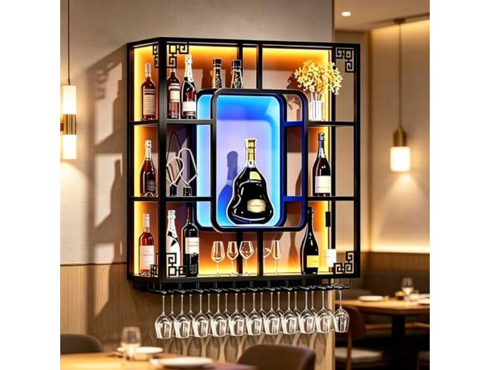 Kifezk Metall Wand Weinregal mit Weinglashalter, 120 cm, Wandbar Regal Einzigartiges Design, mehrstöckige Struktur, große Aufnahmekapazität, Wand-Weinschrank für Bar, Restaurant, Wohnzimmer, Küche