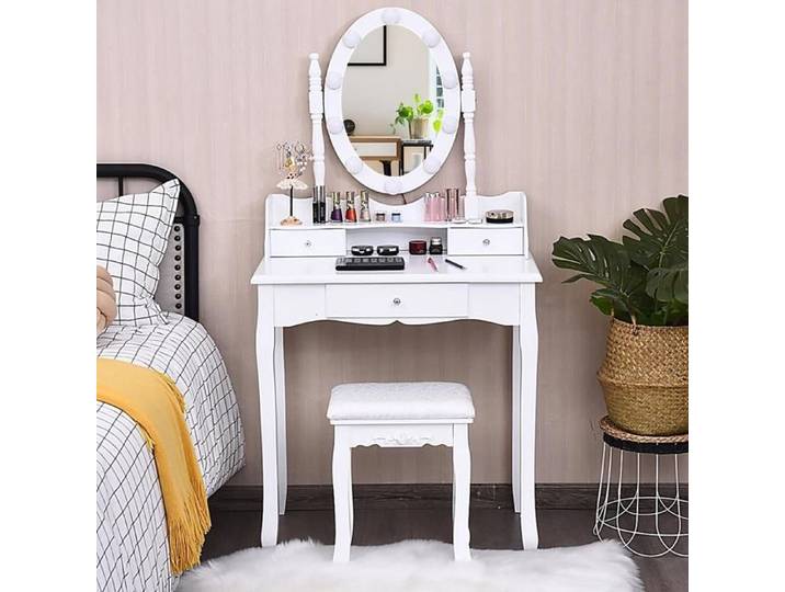 Coin Beauté Pratique Table Coiffeuse Transformable en Bureau avec Miroir Lumineux 11 LED et 3 Tiroirs pour Chambre