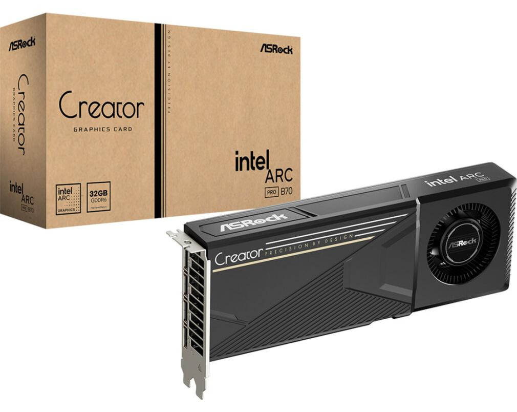 ASRock Intel Arc Pro B70 grafische kaart voor professionals, 32GB, model B70 CL met 4x DisplayPort-aansluitingen