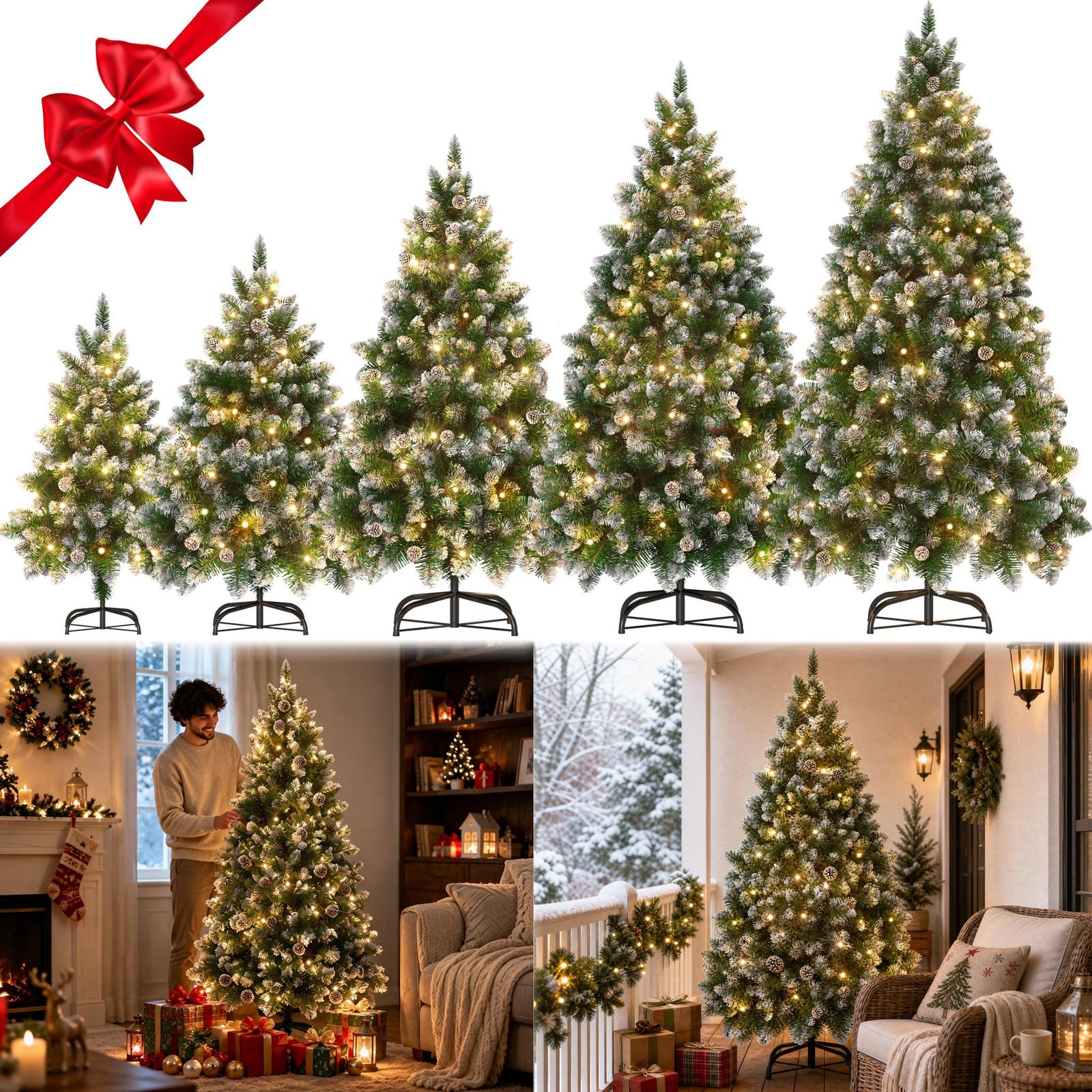 NaiZy Kunstkerstboom met sneeuweffect en warmwitte LED-verlichting, 180 cm