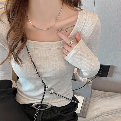 Daily Discovery Korean Square Neck Ribbed Knit Top Slim Fit Long Sleeve Crop Top For Women beige s