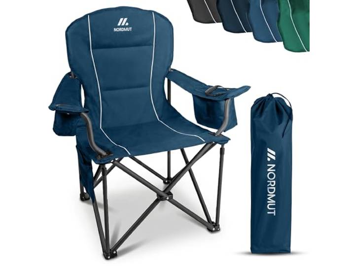 NORDMUT® Campingstuhl faltbar XXL – Stabiler Klappstuhl Camping 200 kg Belastung – bequemer Angelstuhl inkl. praktischer Kühltasche & Getränkehalter