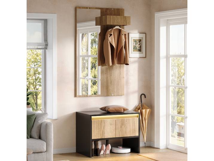 Vestiaire Entrée 60x38x145 Cm En Panneaux De Particules Noir Et Naturel\, Avec Miroir – Meubliv