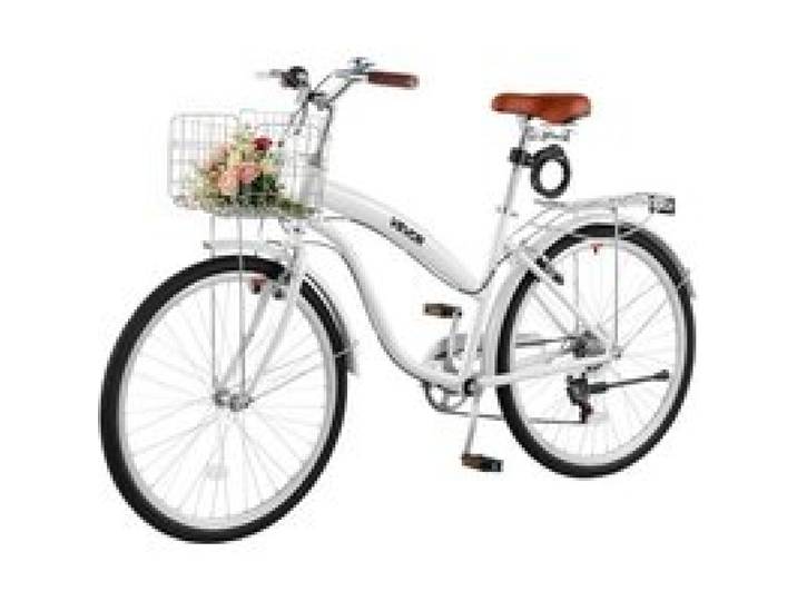 VEVOR Damenfahrrad 26 Zoll Cruiser-Fahrrad 150 kg 7-Gang Citybike Weiß, für Pendelfahrten Besorgungen und Strandfahrten, mit Doppelten V-Bremsen, 50 kg Gepäckträger, Schutzblechen und Werkzeugsatz