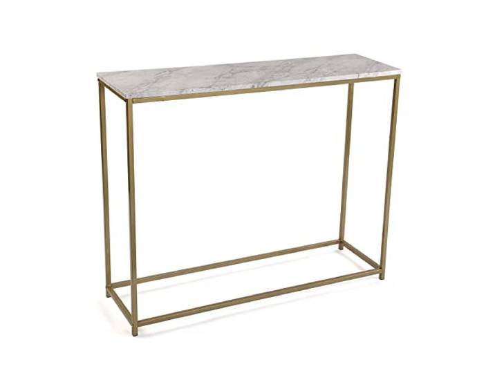 Versa Montpellier Schmales Möbelstück für den Eingangsbereich oder Flur, Moderner Konsolentisch, Maßnahmen (H x L x B) 81 x 30 x 100 cm, Holz und Metall, Farbe: Marmor und Gold