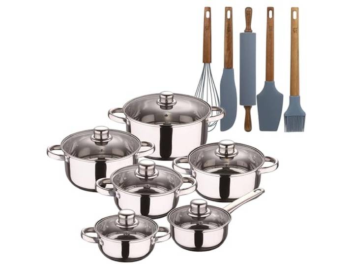San Ignacio Kochgeschirr-Set, 12-teilig, aus Edelstahl, verchromt, Kollektion Cassel+, 5-teiliges Küchenutensilien-Set aus Silikon und Holz