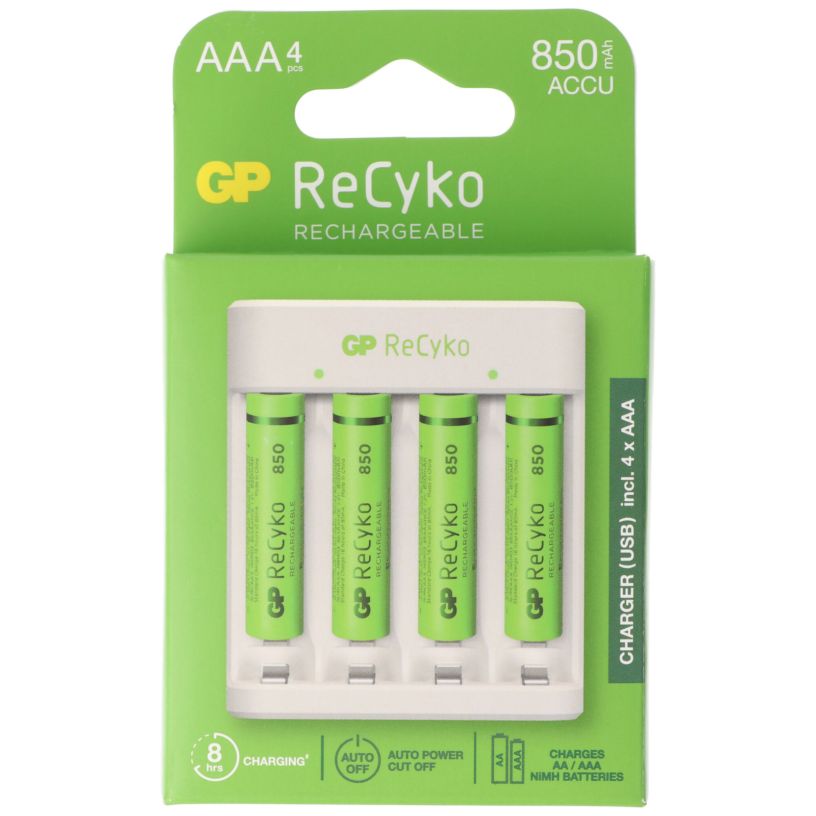 GP Batteries USB-modeloplader GP E411 inclusief 4x ReCyko 1,2V AAA Micro-batterijen 850 mAh