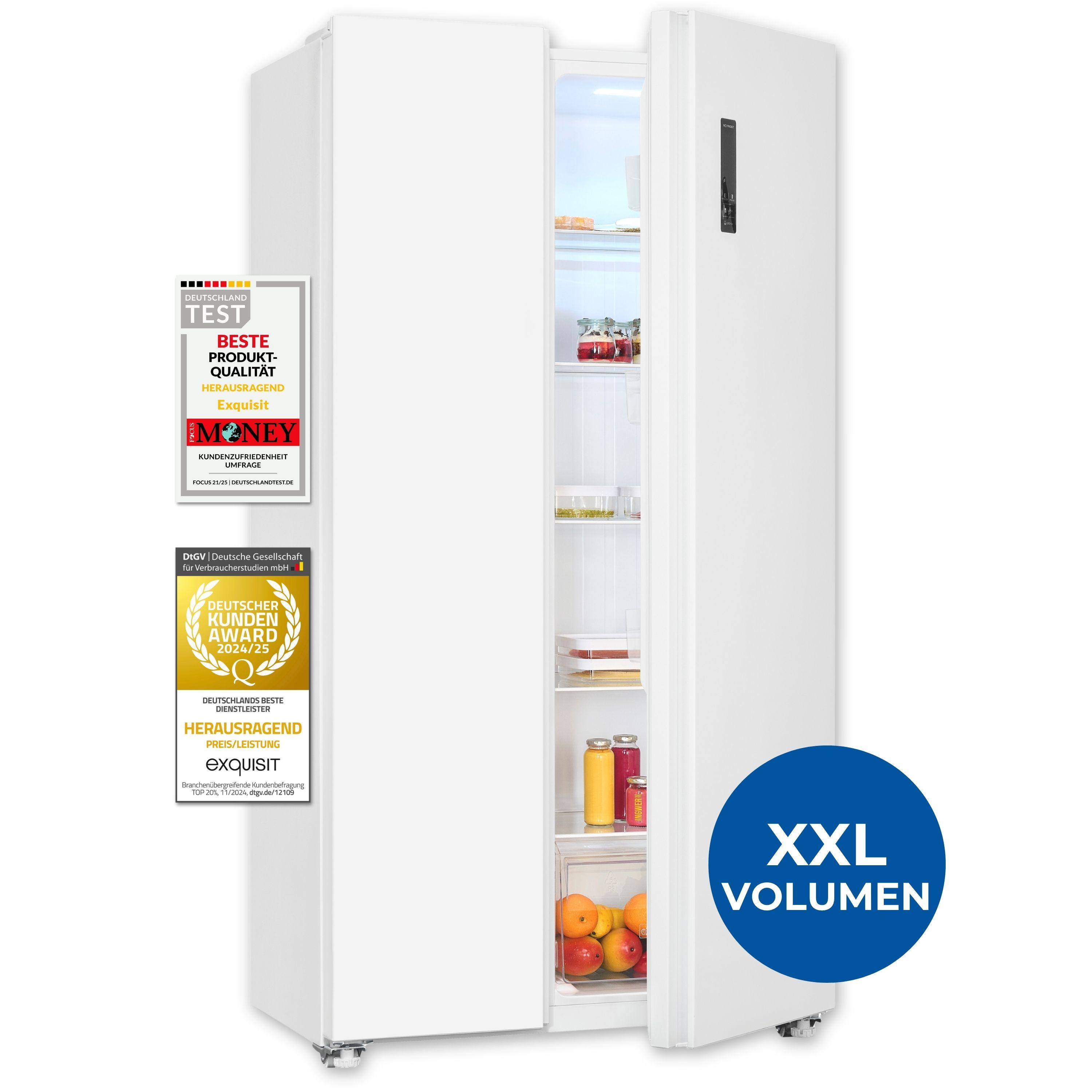 Exquisit Side-by-Side Kühl-Gefrierkombination, 442 Liter, No-Frost, LED-Display, 10 Ablagen, leiser Betrieb, 91 cm Breite, SBS546-040E weiss