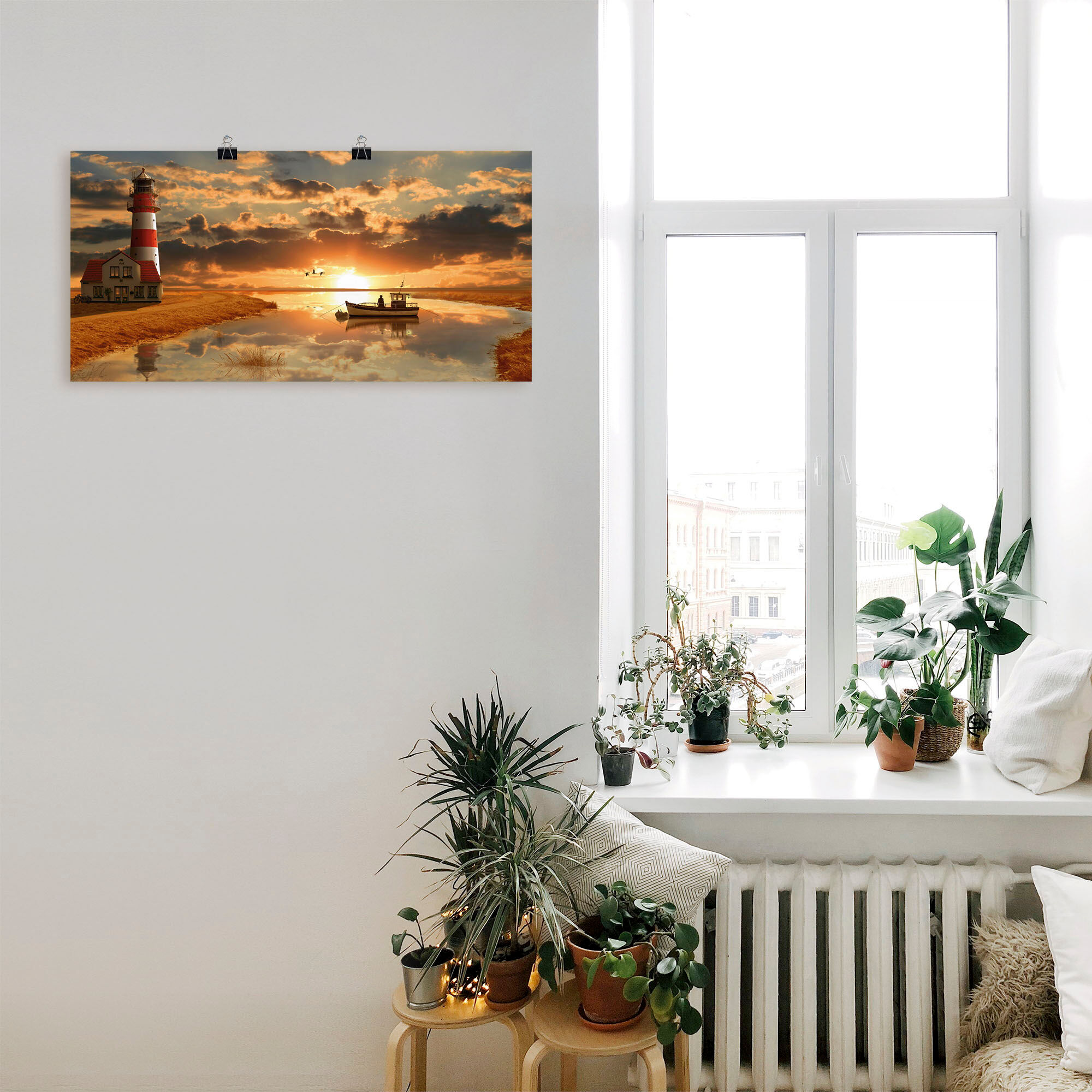 Wandbild ARTLAND "Maritime Idylle beim Leuchtturm", orange (farbe bild(er): orange), B:60cm H:30cm, Bilder, Wandbild, als Leinwandbild, Poster in verschied. Grössen farbe bild(er): orange B/H/T: 60cm x 30cm, Poster Gebäude, 1 Stk.