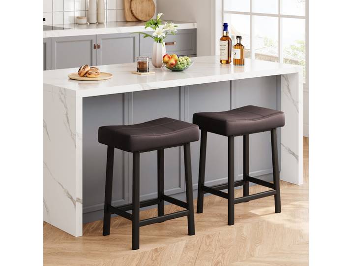 Ensemble de 2 tabourets de bar, tabourets de bar à selle sans dossier, tabourets de selle à hauteur de comptoir de 61 cm, tabourets de comptoir en cuir PU pour cuisine et bar