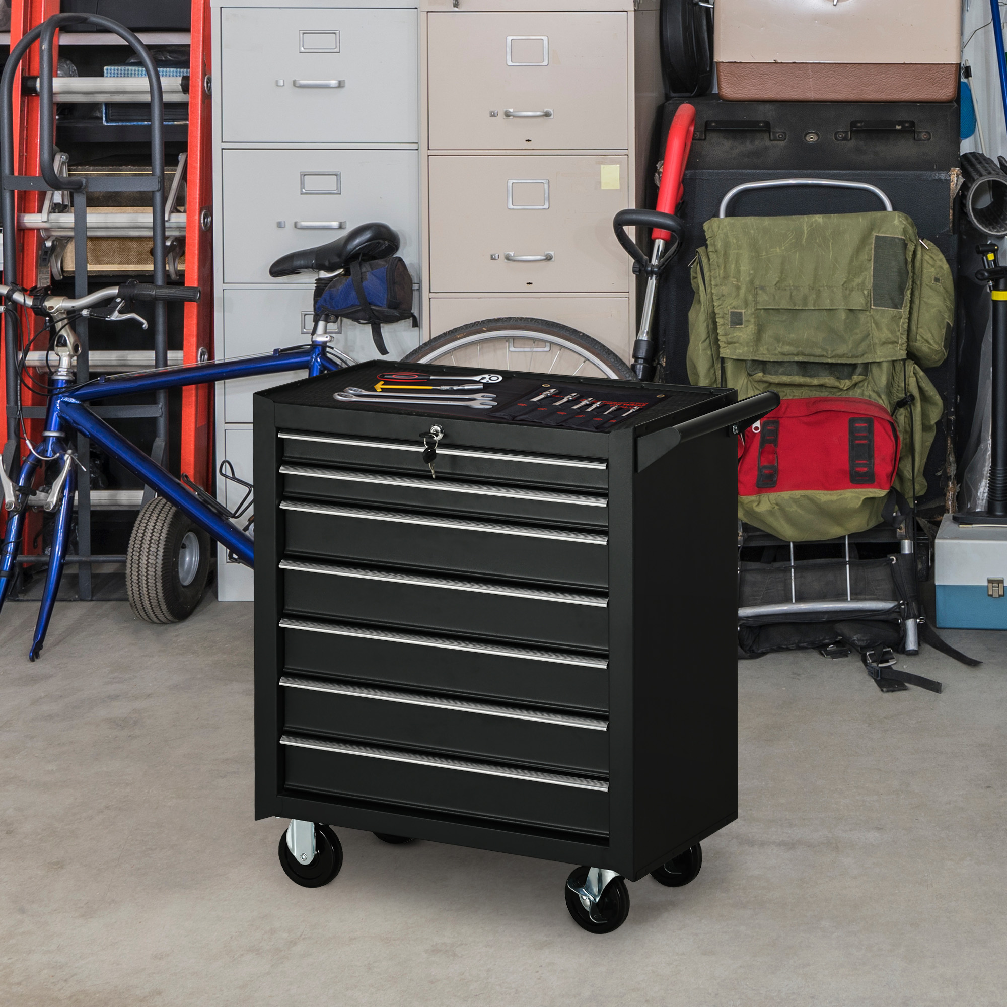 Durhand HOMCOM Carrello da Officina Professionale con 7 Cassetti e Serratura Sicura con Chiavi, Ruote e Maniglia Ergonomica, 69x33x75cm Nero  Aosom