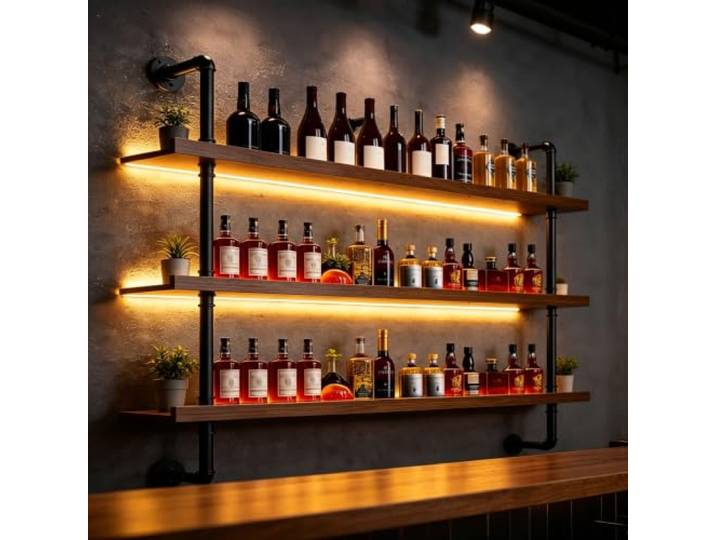 80CM Weinregal zur Wandmontage mit Industrierohren 3 Ebenen，Walnussfarbe Hängendes Flaschenregal aus Holz, schwebendes Barregale, geeignet für Bars, Restaurants und Restaurant, Cafés,Hotels