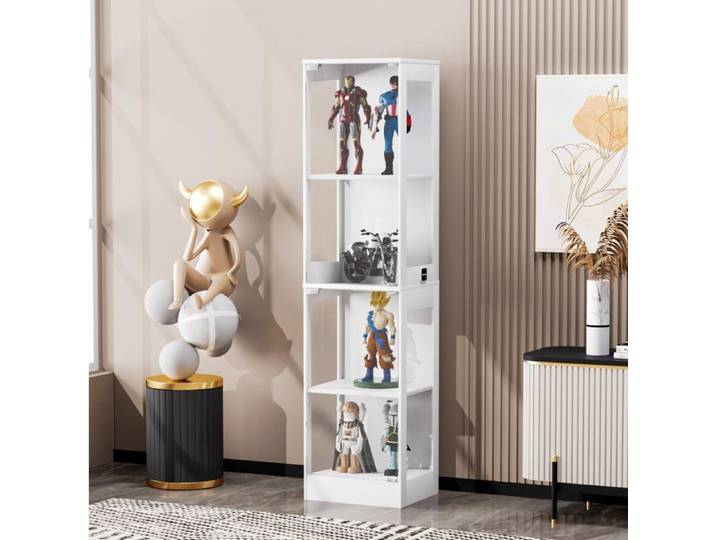VUENOR Vitrine en verre blanche 40 x 35 x 165 cm – 4 niveaux LED capteur de mouvement