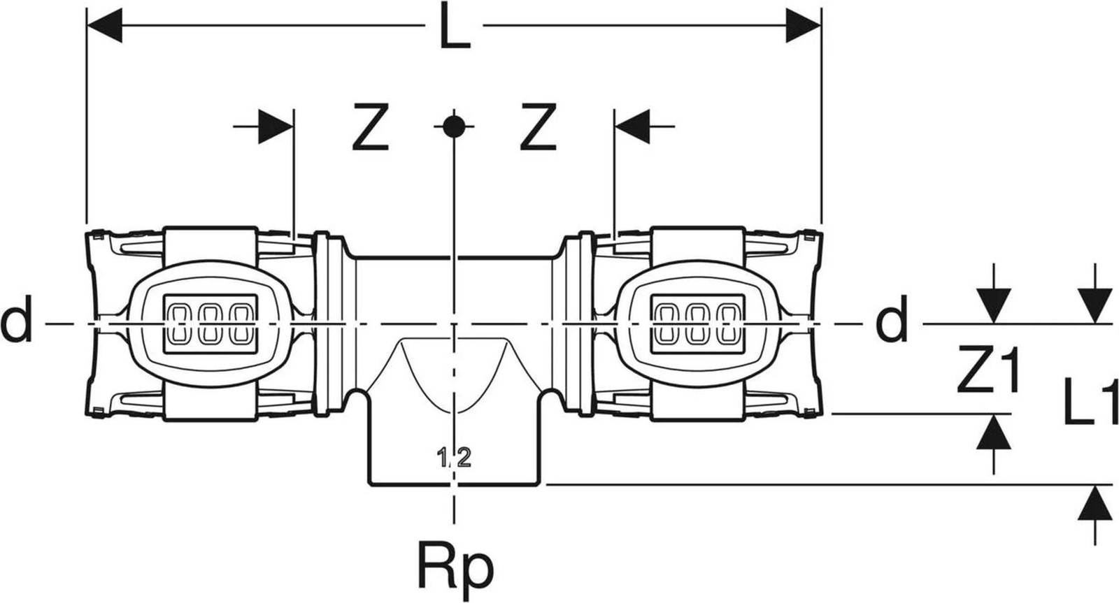 Geberit FlowFit T-stuk IG Rg+ d20-Rp1/2-20 ÜA