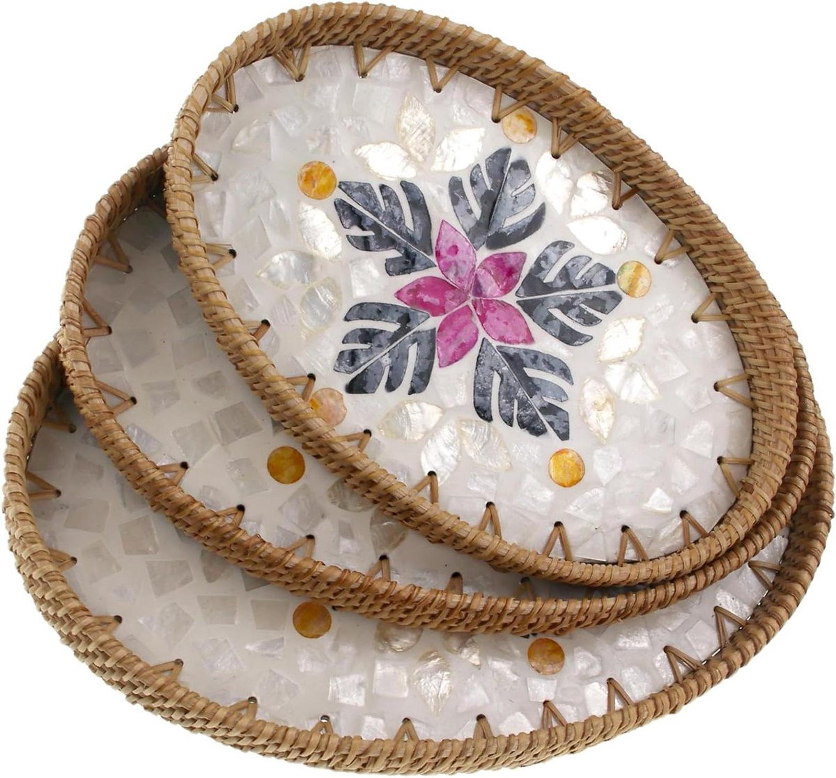 Rotan Dienblad Set met Paarse Bloem - Handgeweven Fruitmand en Broodmand voor Keukenorganisatie - 3 Maten