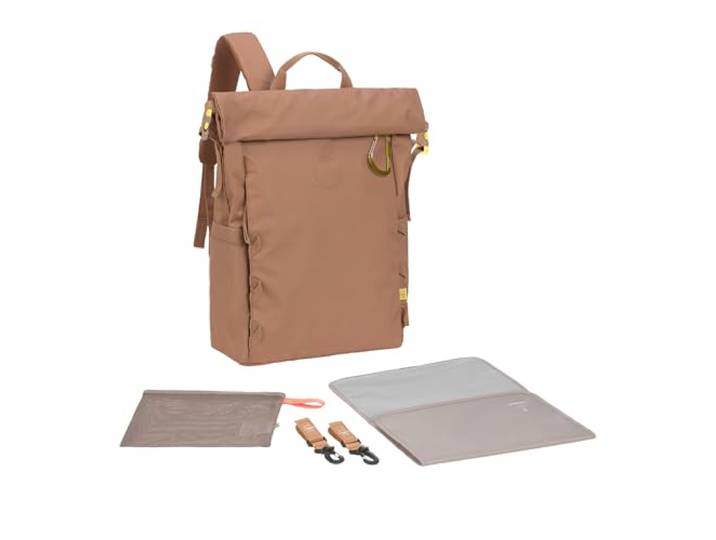 LÄSSIG Baby Wickelrucksack Wickeltasche Rucksack mit Wickelunterlage, Kinderwagenbefestigung, Flaschenhalter GRE Outdoor Rolltop Backpack almond