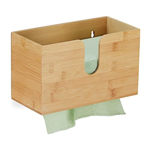 Relaxdays Handdoekdispenser van bamboe, wit of bruin, wandmontage, H x B x D: 16 x 27 x 13 cm