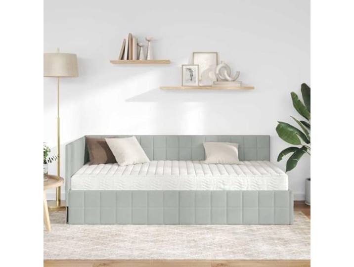 KTHLBRH Eckbett aus hellgrauem Samt mit Matratze Wand-Kopfteil, Rahmen aus Sperrholz, mittelharter Schaumstoff, Einzelbett 90 x 200 cm