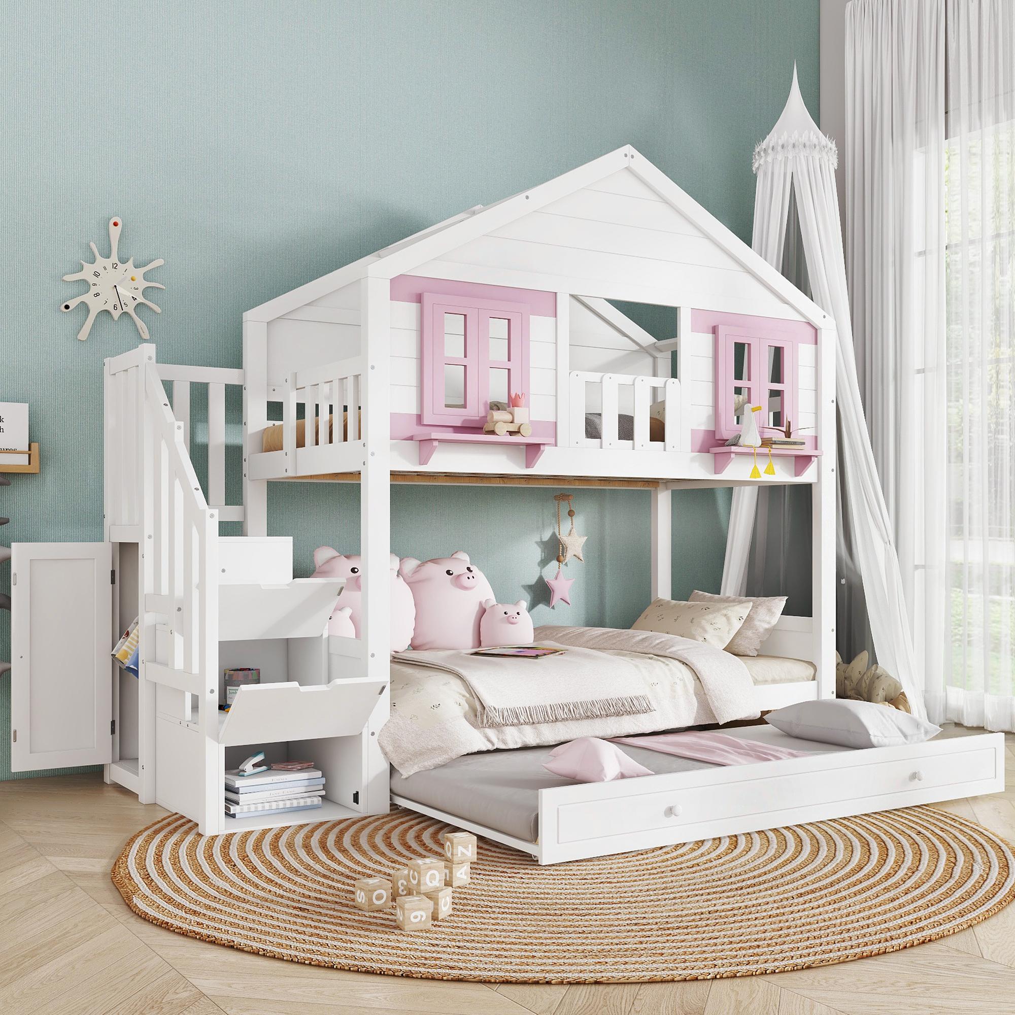Merax Etagenbett 90x200cm mit Rollbett und Fenster, Hausbett mit Dreistufiger Treppenaufbewahrung und Kleiderstange, Kinderbett aus Holz, Weiß + Rosa