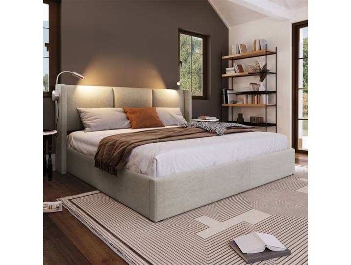 Lit tapissé 140x200 cm - Lin 2 coffres tête de lit avec lampe + USB sommier à lattes