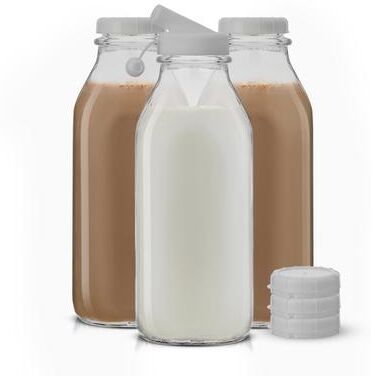 JoyJolt Reusable Glass Milk Bottle with Lid & Pourer - Set of 3
