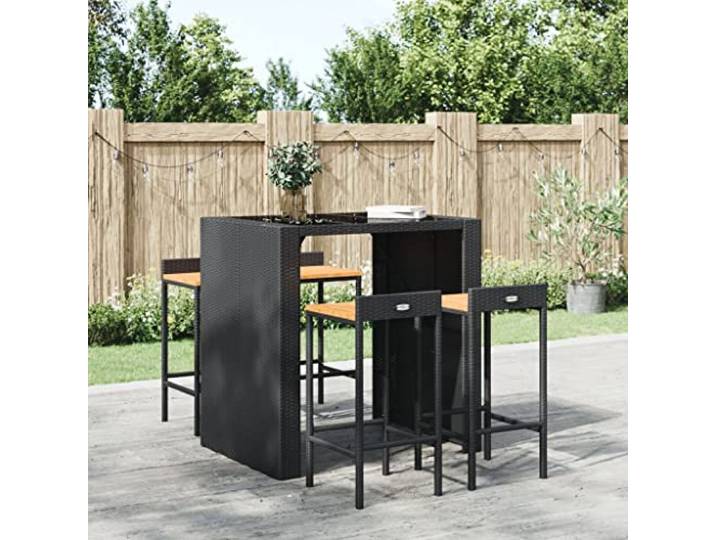 VIHHQGC Barhocker 4er Set Poly Rattan Massivholz Akazie Schwarz Wetterfestes PE-Rattan, pulverbeschichteter Stahlrahmen, Fußstütze, 110 kg Belastbarkeit, Montageanleitung enthalten