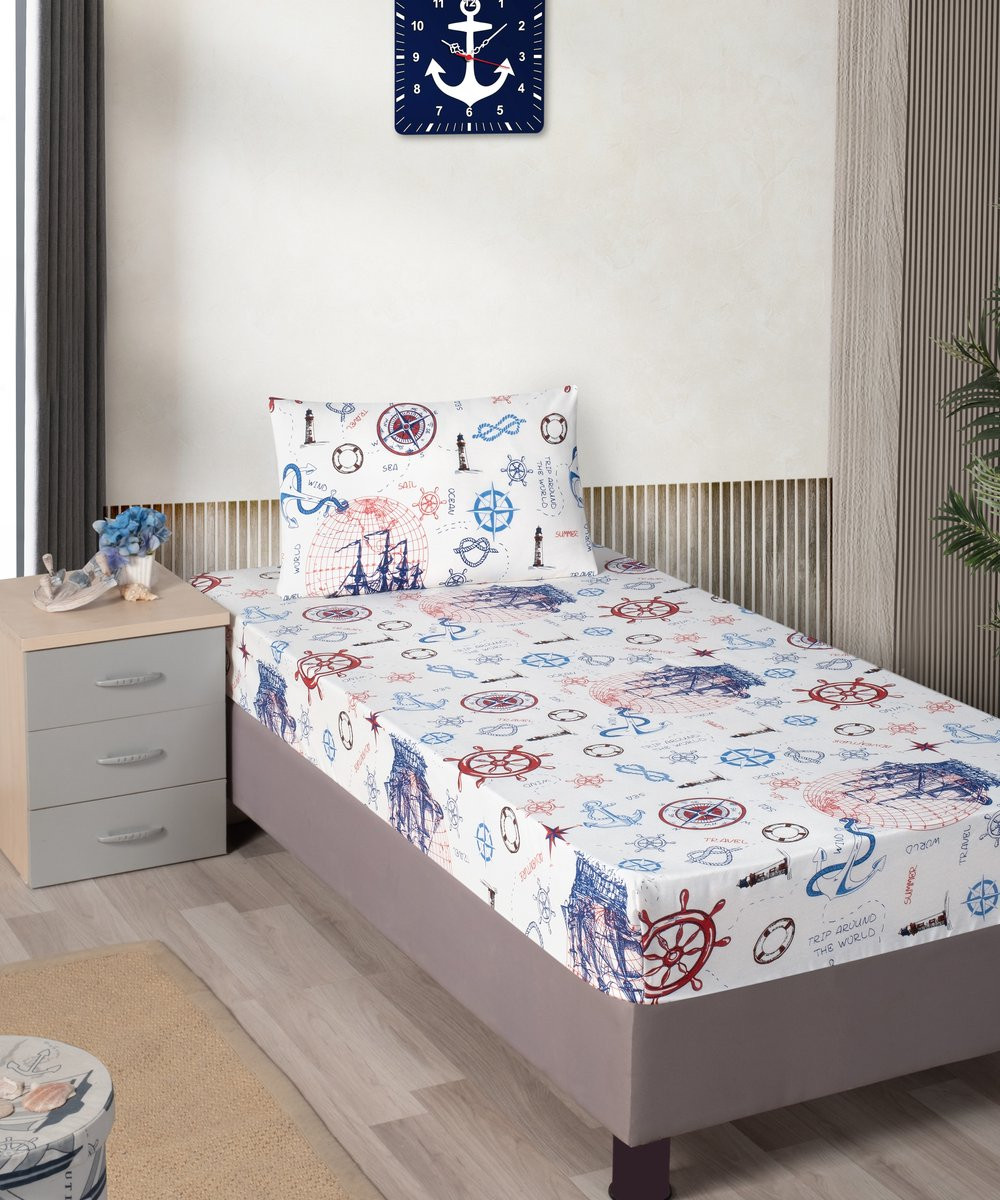 Lakenset Katoen voor Kinderen met Kussensloop - Maritime Sketches - B/D: 120 x 240 cm, Kussensloop: 50 x 70 cm