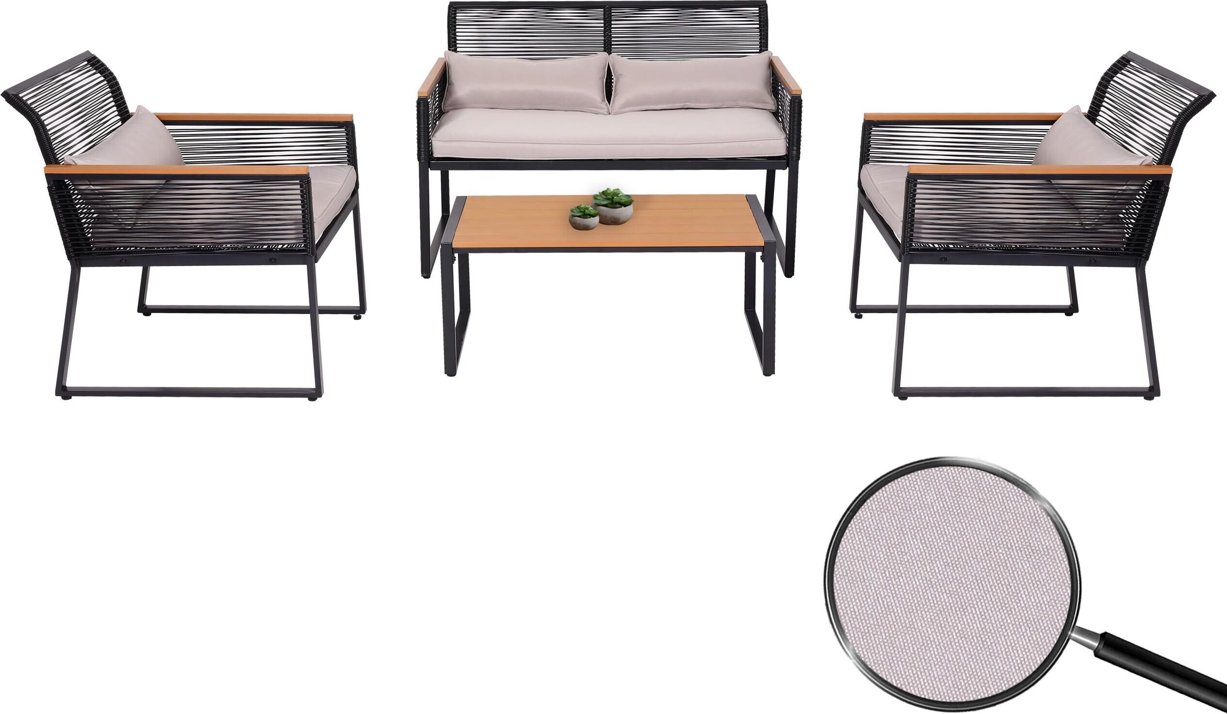 Garten-Garnitur MCW-K42, Gartenlounge Lounge-Set Sitzgruppe Sofa, Seilgeflecht Rope Holzoptik Stahl, Polster hellgrau