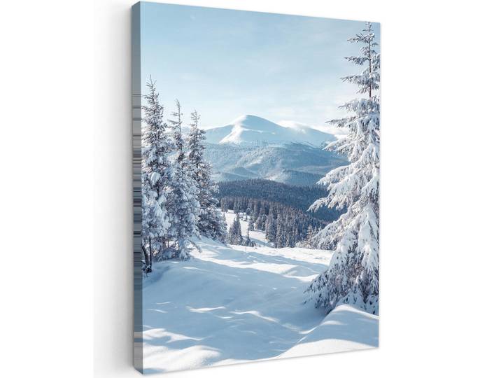 MuchoWow Leinwandbild - Winterlandschaft - Natur - Berge - Bäume - Schnee - 60x80 - Gemälde, Hellblau, Textil, Kiefer, Abstrakt, Rechteckig, 60x80 cm, gerahmt, Bilder & Rahmen, Bilder, Wandbilder