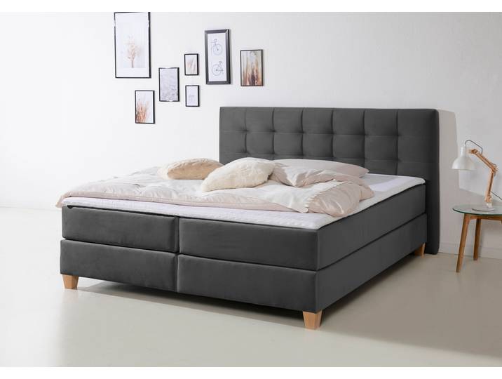 Boxspringbett, Samtstoff, Anthrazit, 214×211 cm, Mit Topper, 7-Zonen-Kaltschaummatratze, Modern, Home Affaire
