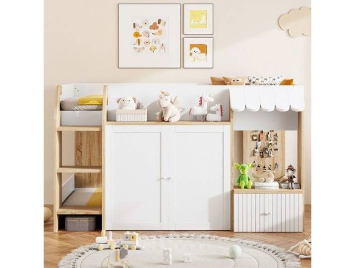 Lit Mezzanine Cabane Enfant 90x200cm Bois Massif Mi-hauteur Échelle Rangement Ouvert Blanc/bois Sans Matelas Desi LIT MEZZANINE