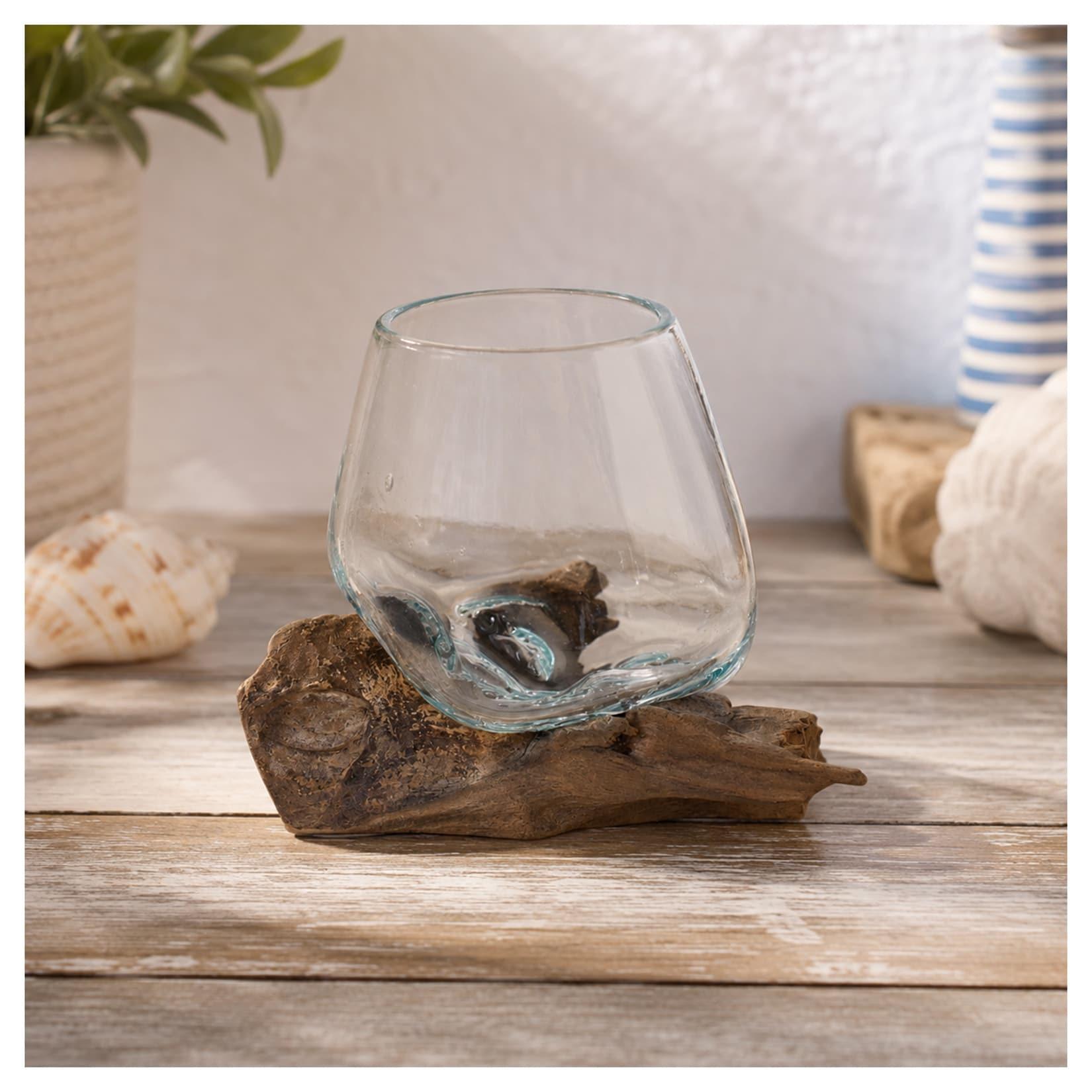 Mundgeblasene Glasvase auf Kaffeewurzel 10 cm Dekovase aus Glas und Holz