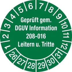 König Werbeanlagen Prüfplakette ab 26, DGUV Information 208-016 Leitern und Tritte, grün/weiß, Ø 30 mm - Bogen = 10 Plaketten - 30 mm Folie selbstklebend