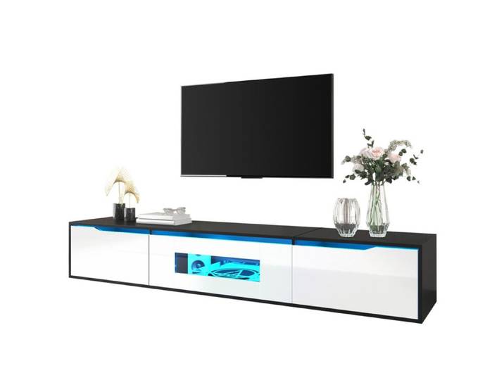 Meuble TV Noir Rangement Éclairage LED Design Moderne Entretien Facile Fonctionnel - 180x35x30cm - Salon