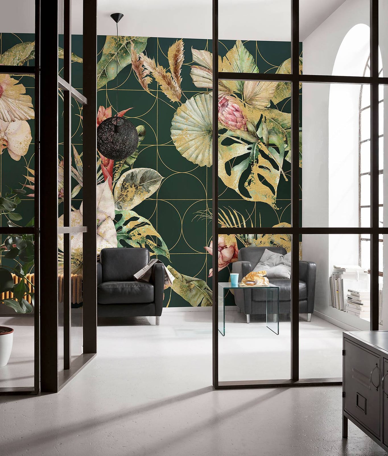 home24 Vlies-fotobehang Golden Growth, Botanisch en Modern, Multicolour/Groen, B: 400 cm, H: 250 cm