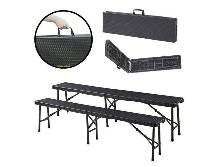 [en.casa] Klappbank Mark, Schwarz, Kunststoff, Metall, Rechteckig, 180x43x25 cm, Gartenmöbel, Gartenbänke