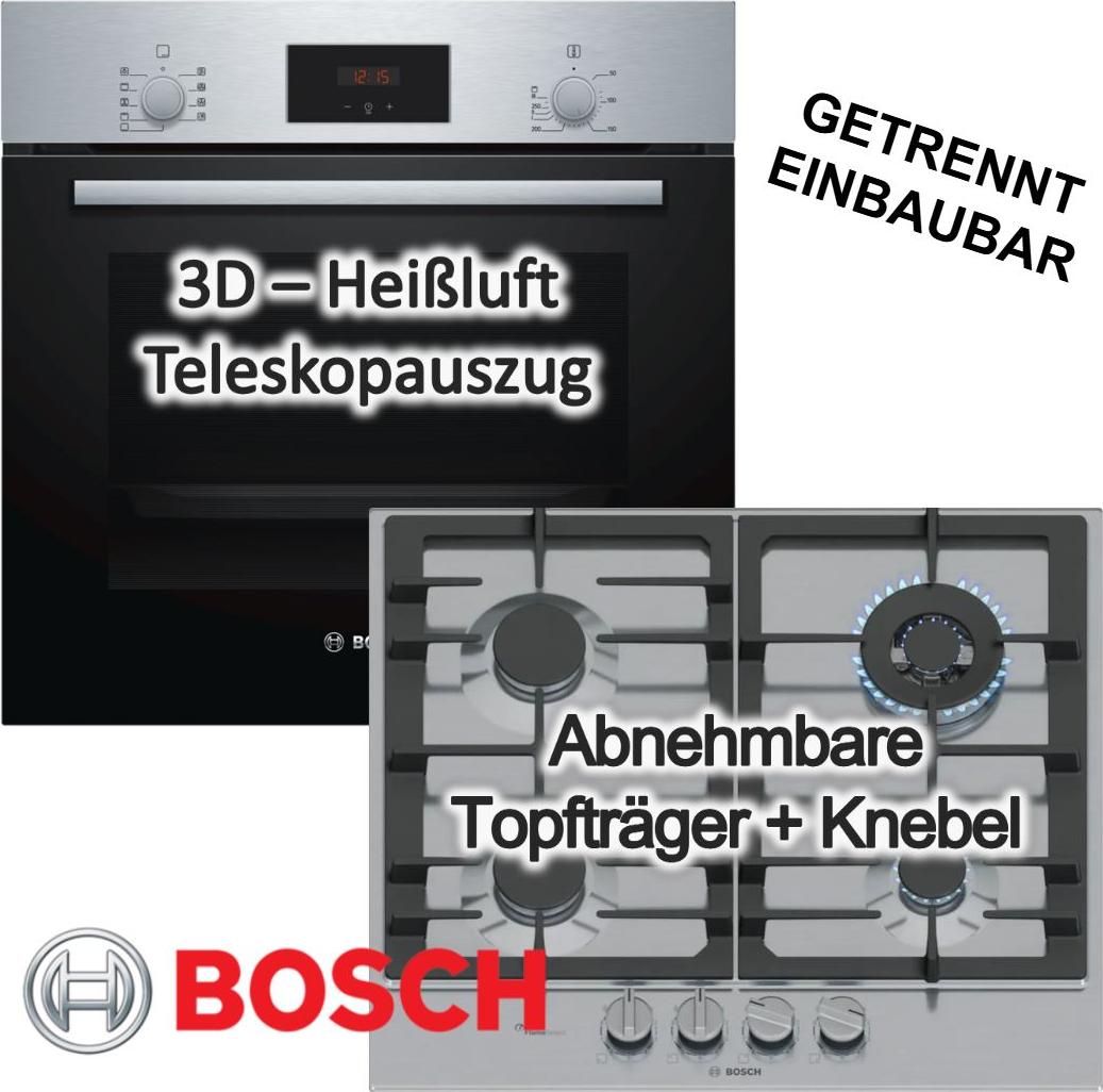 Herdset BOSCH Backofen Teleskopauszug 3D Heißluft + Gaskochfeld FlameSelect Edelstahl