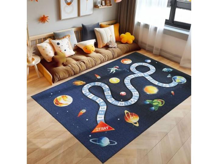 SIMPEX Tapis Enfant Bleu Marine 140x200 cm Espace Design Moderne Antidérapant Lavable Facile Entretien Doux Antiallergique Chambre