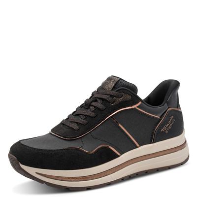 Plateausneaker TAMARIS, Damen, Gr. 42, Textil, schwarz (schwarz, kombiniert), Synthetik, Textil, Abriebeffekte, kontrastfarbene Details, Schuhe Plateausneaker, Freizeitschuh, STEP IN Damensneaker, Halbschuh veganer Herstellung