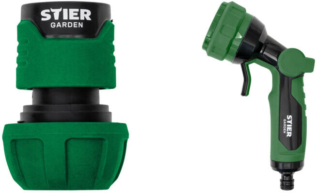 Set STIER Schlauchverbinder Wasserstop 16-19mm (5/8-3/4 Zoll) + Ergoplus Brause Multi-Jet