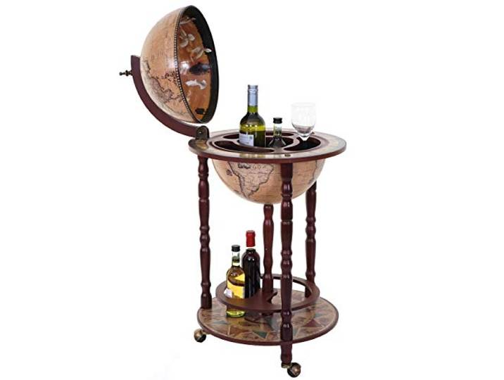 Mendler Globusbar HWC-D83 Ø33cm rollbar Eukalyptusholz - braun Minibar, Hausbar, Weinregal, Weltkugel, MVG