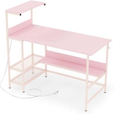 Costway 48 Inch Computer Desk with Power Outlets and Storage Shelves-Pink