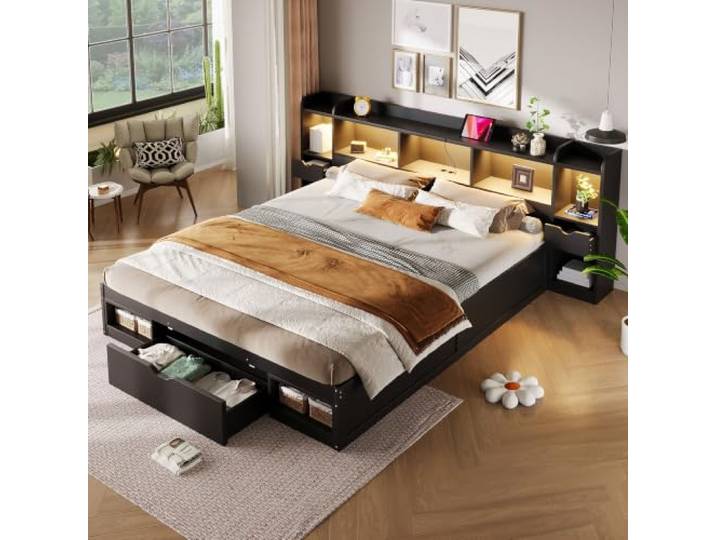 Holzbett Plattformbett 180x200 mit LED-Licht & Regal & Kopfteil, Schwarz Multifunktionales Doppelbett Bettgestell mit LED-Beleuchtung, Schubladen, Regal, Kopfteil und USB-Anschluss, Ohne Matratze