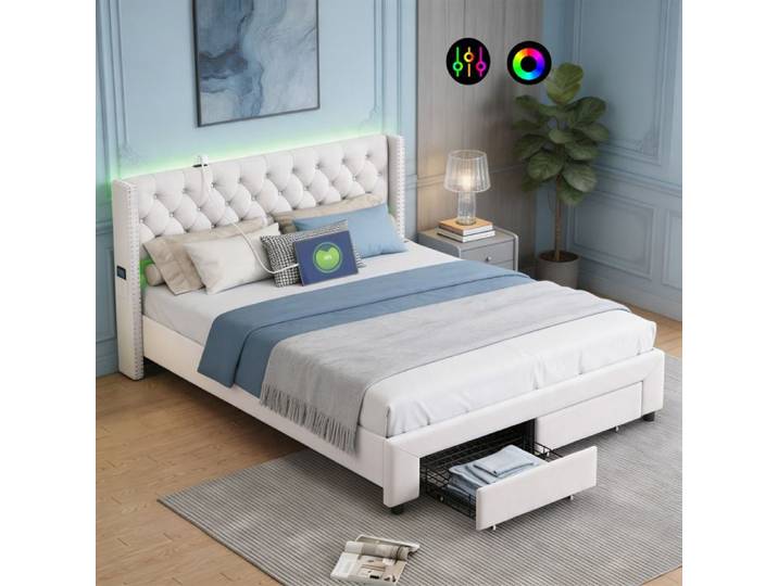 Lit double 140x190 cm - NEXU - Velours blanc cassé - LED et USB intégrés - 2 tiroirs & sommier inclus