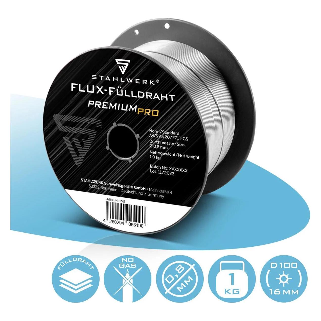 Stahlwerk Schweissdraht MIG MAG Premium Fülldraht E71T-GS Ø 0,8 mm S100/D100 1 kg (5519)